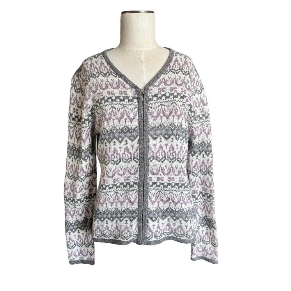 VINTAGE Jay Jacobs Sweater Womens L Silk Angora Cardigan Purple Fair Isle FLAWS